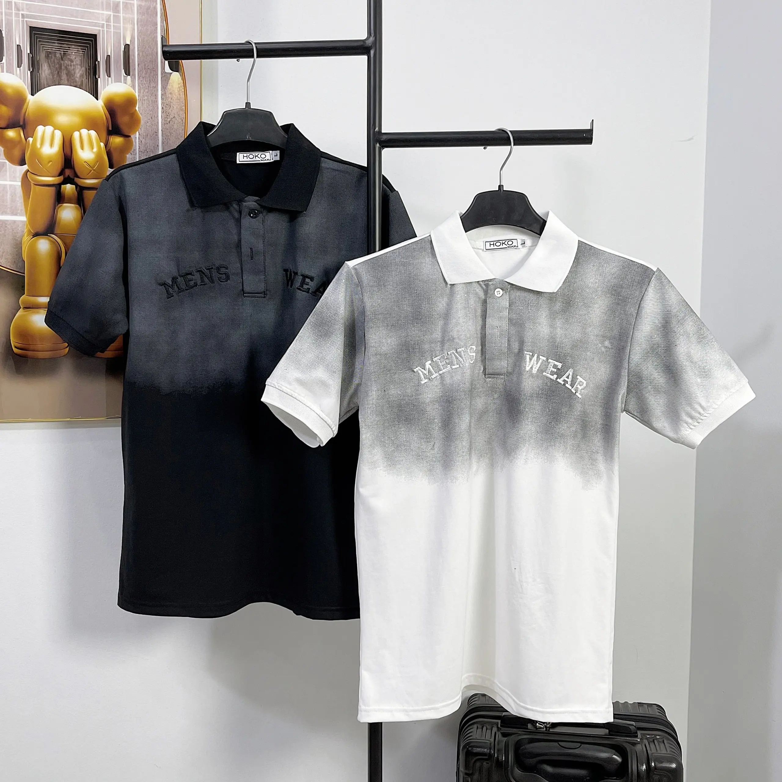 Áo thun tay ngắn cổ trụ phối loang trắng,đen.vải co dãn mềm mịn Nam Menswear Polo Shirt Có Cổ