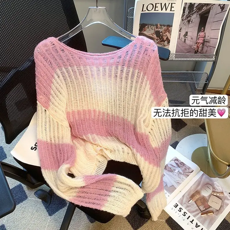 OOTD-Áo Len Sọc Rỗng Cho Nữ, Áo Chống Nắng Ngoài Trời Mới, Áo Dài Tay Dáng Rộng Ngọt Ngào Và Nhẹ Nhàng, Mùa Xuân Và Mùa Hè