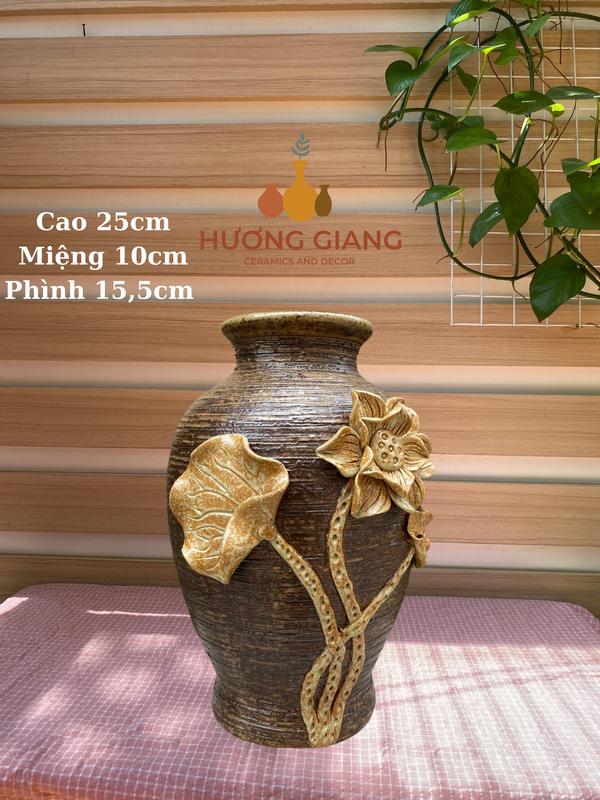 Bình hoa gốm cắm hoa để bàn dáng mai bình cao 25cm men mộc, lọ hoa decor gốm sứ Bát Tràng - Gốm sứ Hương Giang
