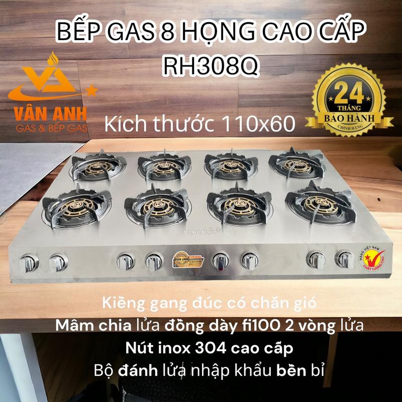 BẾP GAS 8 LÒ BẾP CÔNG NGHIỆP CAO CẤP INOX ĐẦU ĐỐT ĐỒNG