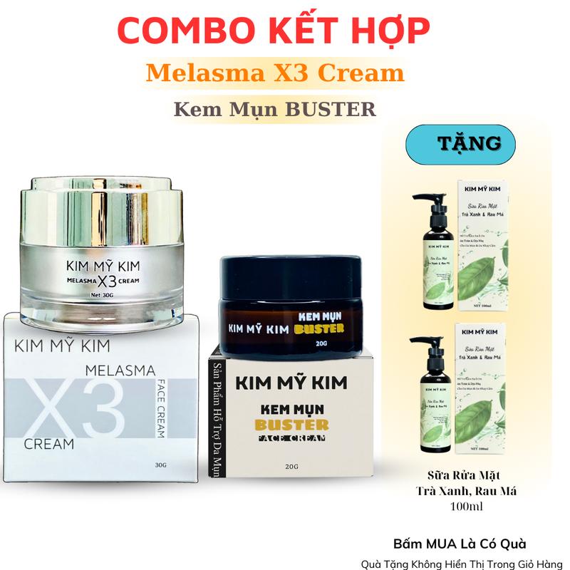 [COMBO KẾT HỢP] KEM MELASMA X3 CREAM VÀ KEM MỤN BUSTER - [TẶNG 2 CHAI SỮA RỬA MẶT TRÀ XANH RAU MÁ] - FACE CREAM - KIM MỸ KIM - Dành Cho Da Nám, Da Ngăm, Da Mụn Làm Đẹp Da Skincare Dưỡng Ẩm Da Chăm Sóc Da Nữ Women Kem Face