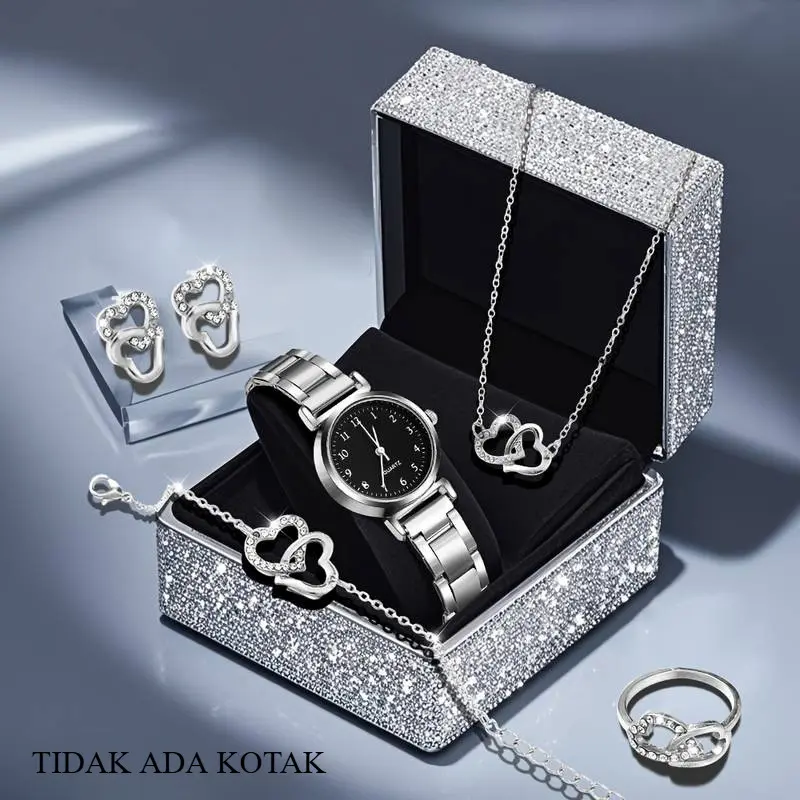 5pcs Jam Tangan Wanita Elegan Berbahan Kuarsa, Set Perhiasan Tema Cinta yang Terdiri dari Kalung, Cincin, Anting-anting, dan Gelang, Cocok untuk Semua Acara sebagai Hadiah