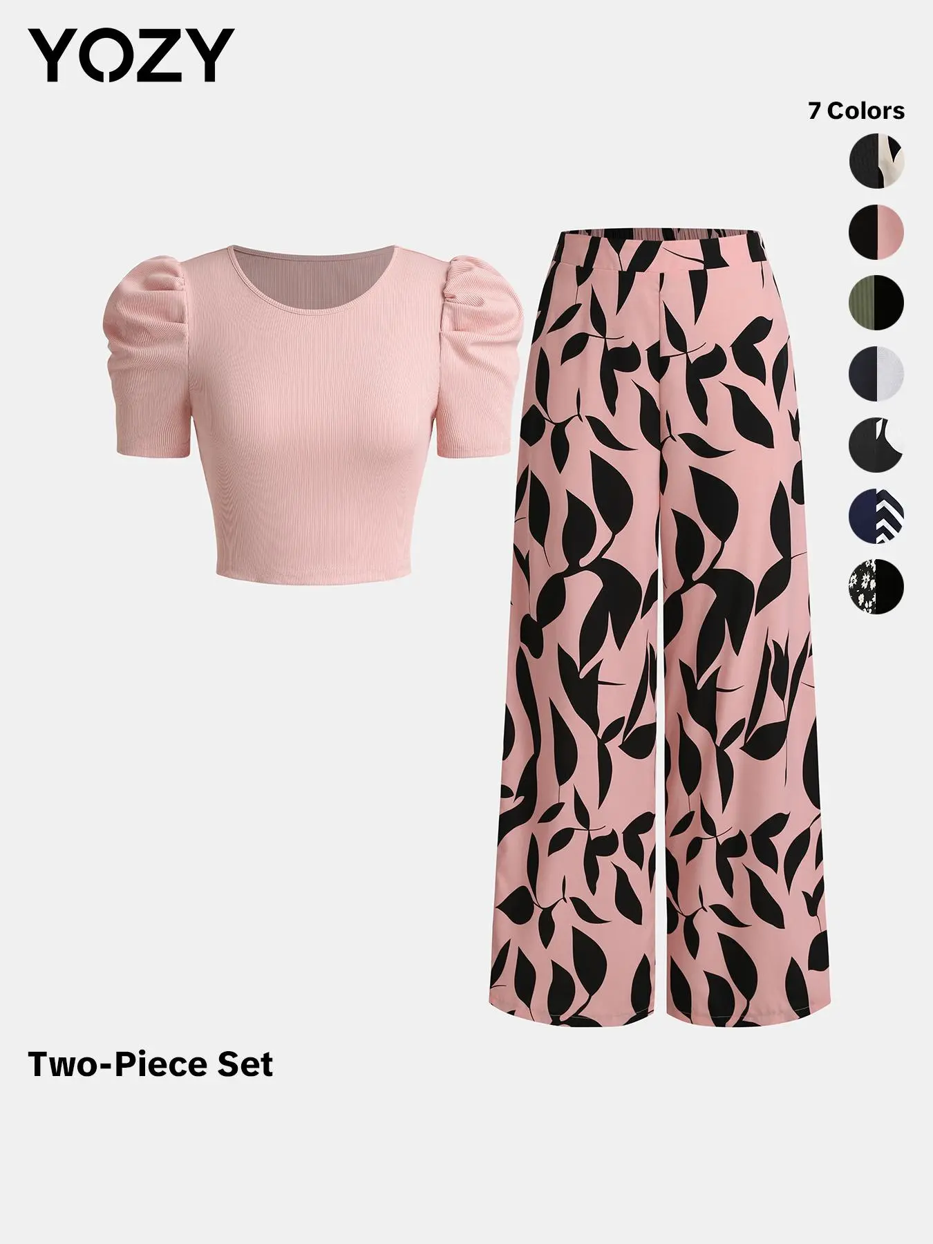 YOZY Puff Sleeve Ribbed Crop Top & All Over Print Wide Leg Pants Set/ Elegant Round Neck Short Sleeve Top & Elastic Waist Trousers Set, Fall & Winter Outfits, Tummy Flattering