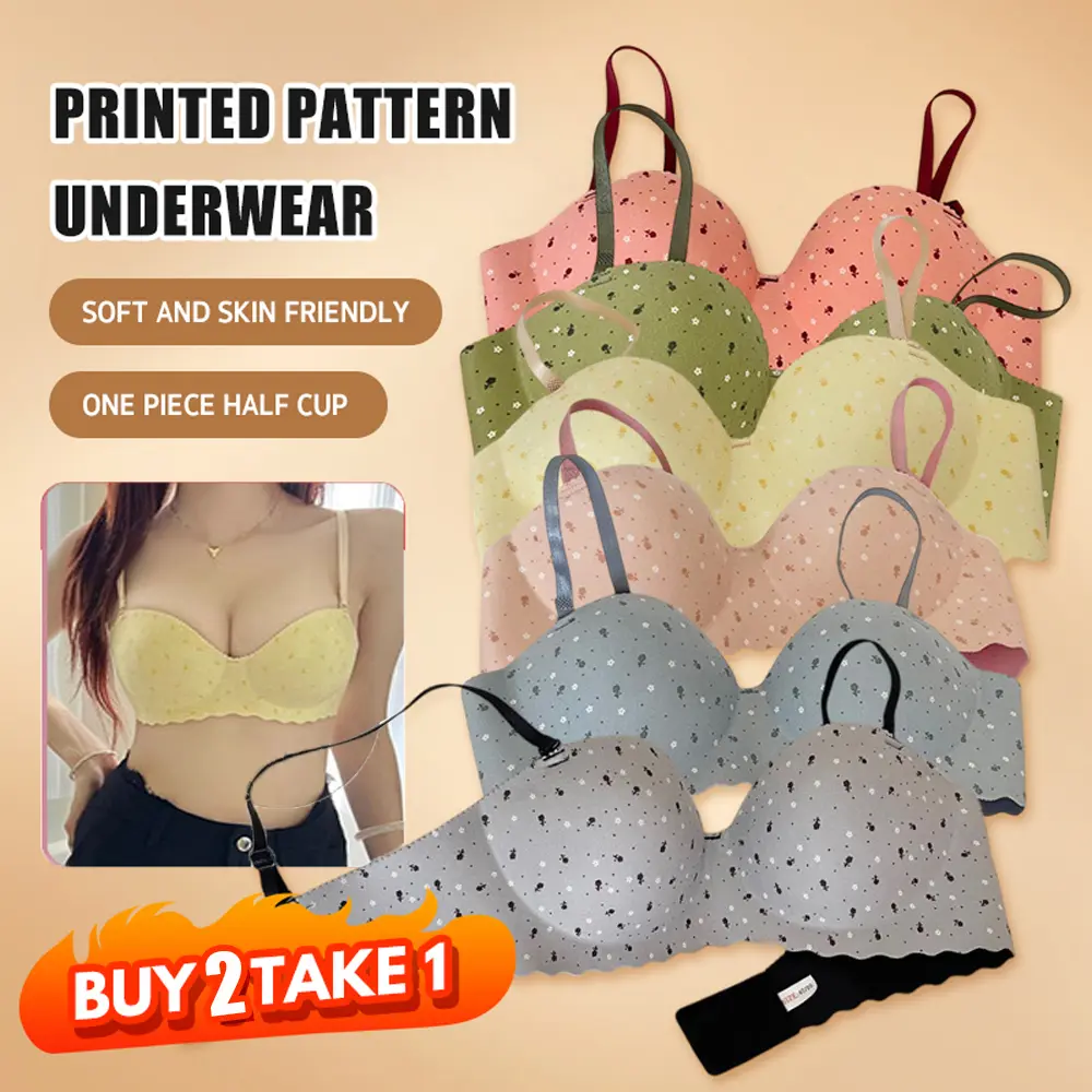 【BUY 2 TAKE 1】Ready Stcok One-piece Gather Bra Seamless Double-chested Buckle Bra Small Chest No Steel Ring Soft Upper Support Print Student Female Underwear Comfortable Nylon Womenswear Button Detachable Innerwear