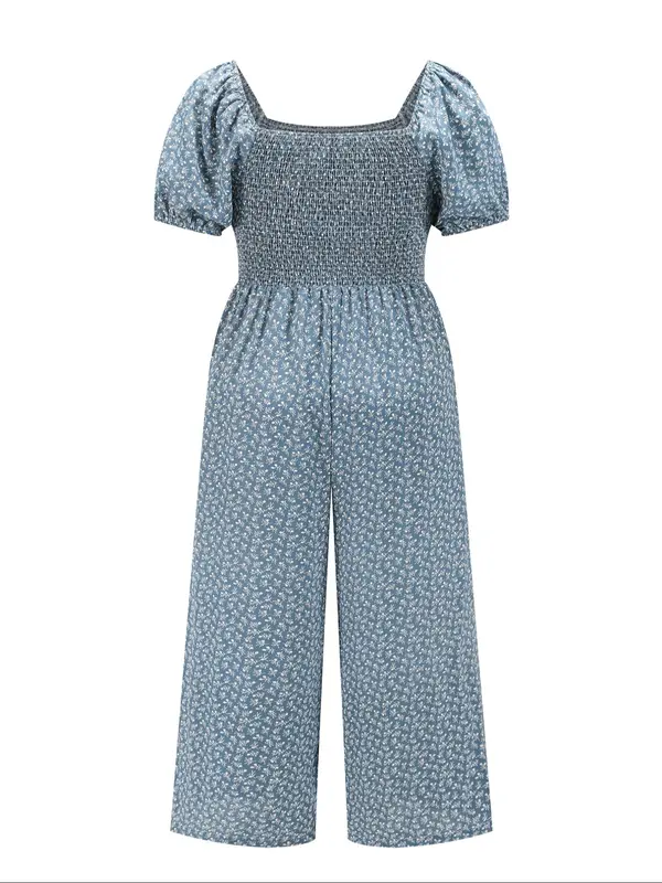 [Plus Size] Ditsy Floral Print Shirred Jumpsuit, Jumpsuits for Women, Boho Fashion Puff Sleeve Square Neck Jumpsuit for Daily Vacation Wear, Women Plus Clothing Overalls for Summer 8