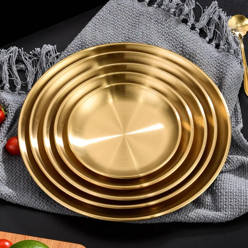 Stainless Steel Round Tray, 5 Counts/set Round Serving Tray, Dessert Serving Tray for Home Kitchen Party, Kitchen Accessories 0
