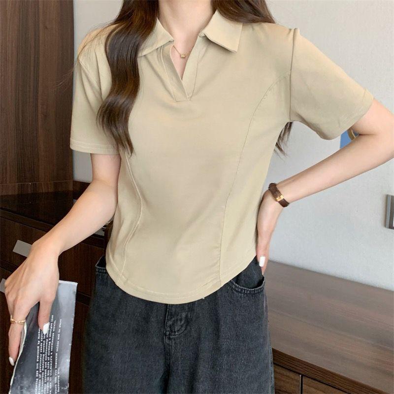 Product Introduction of Summer New Korean Style Polo Collar Solid Color Short-Sleeved Top for Women Slim Casual All-Match T-shirt Women 19