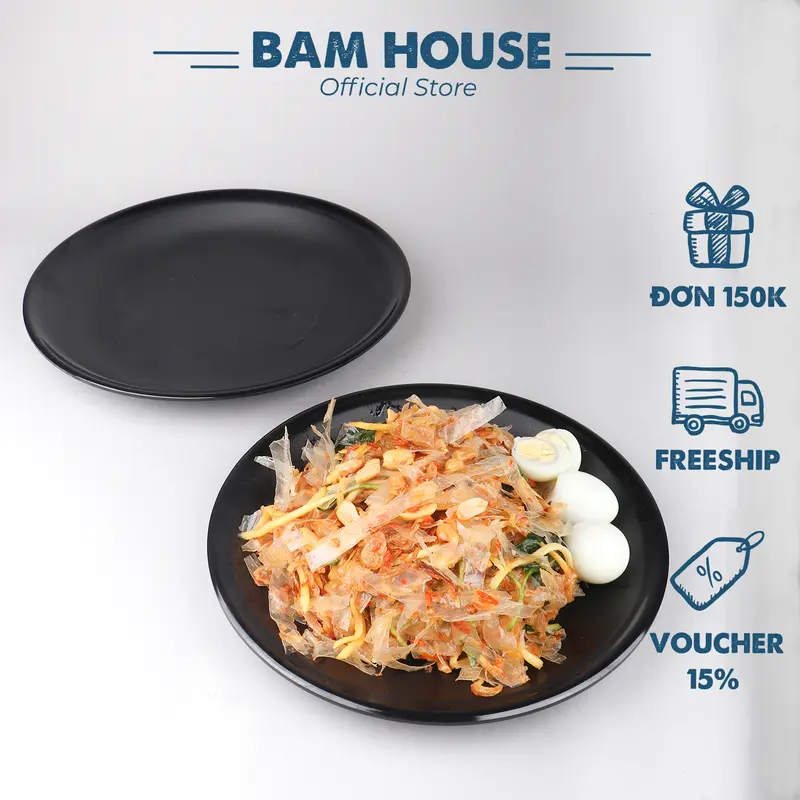 Dĩa nhựa đen nhám Bam House hình tròn chất liệu Melamine cao cấp DCN03 0