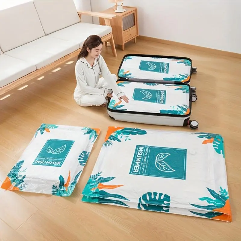 Leaf Pattern Vacuum Storage Bag, 3 Counts Space Saving Bedding Clothes Storage Bag, Home Organizer for Bedroom, Living Room, Office