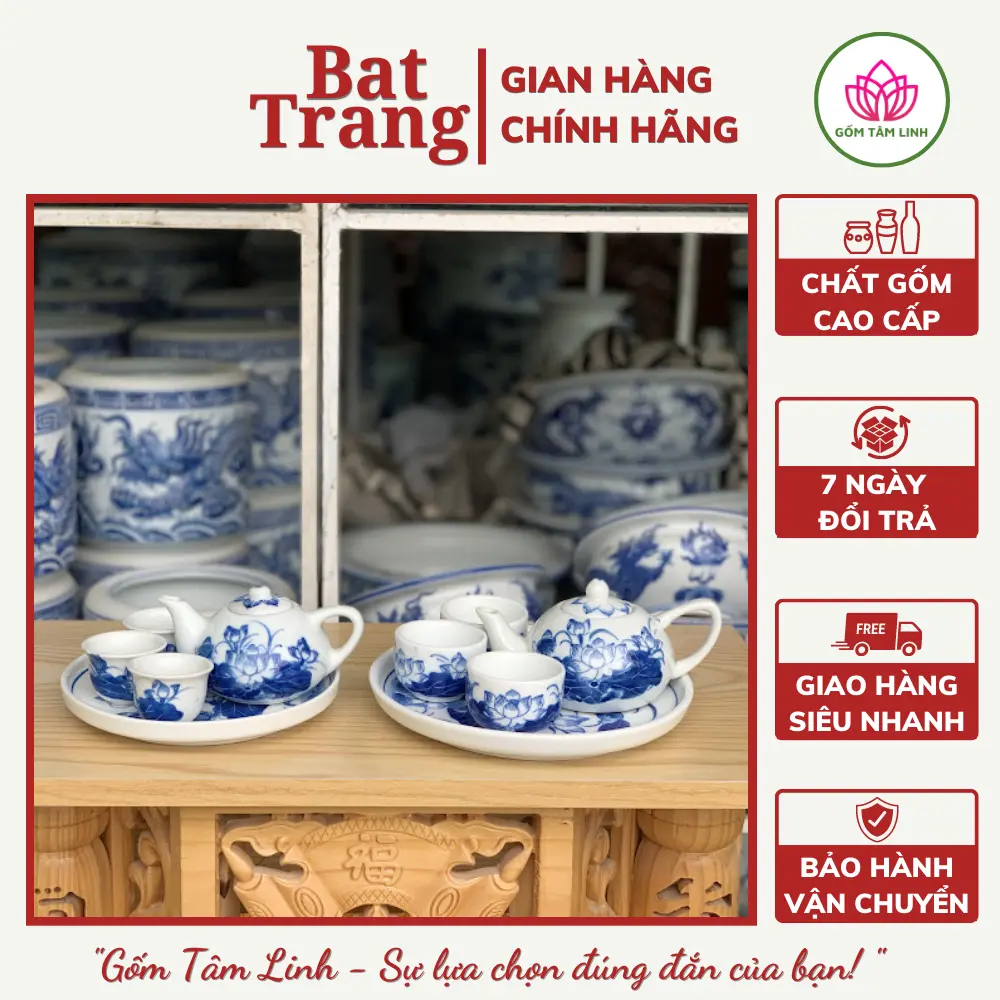 Bộ ấm chén thờ, bộ ấm trà cúng men xanh trắng Bát Tràng họa tiết hoa sen cao cấp