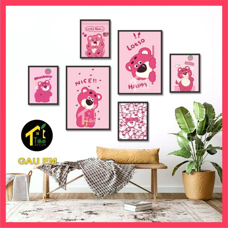 Combo 6 tranh dán tường Mẫu Gấu Dâu và nhiều mẫu cute khác, tranh treo tường co sẵn keo
