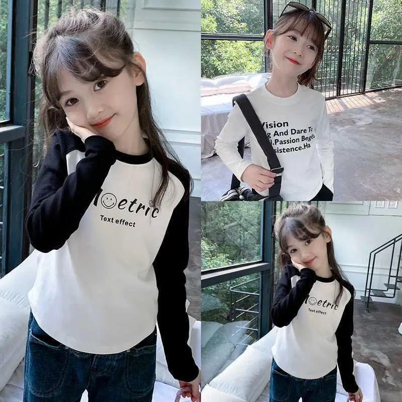 เสื้อยืดแขนยาวสำหรับเด็กผู้หญิง, คอลเลกชันฤดูใบไม้ร่วง 2024, แฟชั่นสไตล์เกาหลีสำหรับเด็ก, แขน Raglan, เหมาะสำหรับฤดูใบไม้ผลิและฤดูใบไม้ร่วง, เสื้อชั้นฐานสำหรับทารก