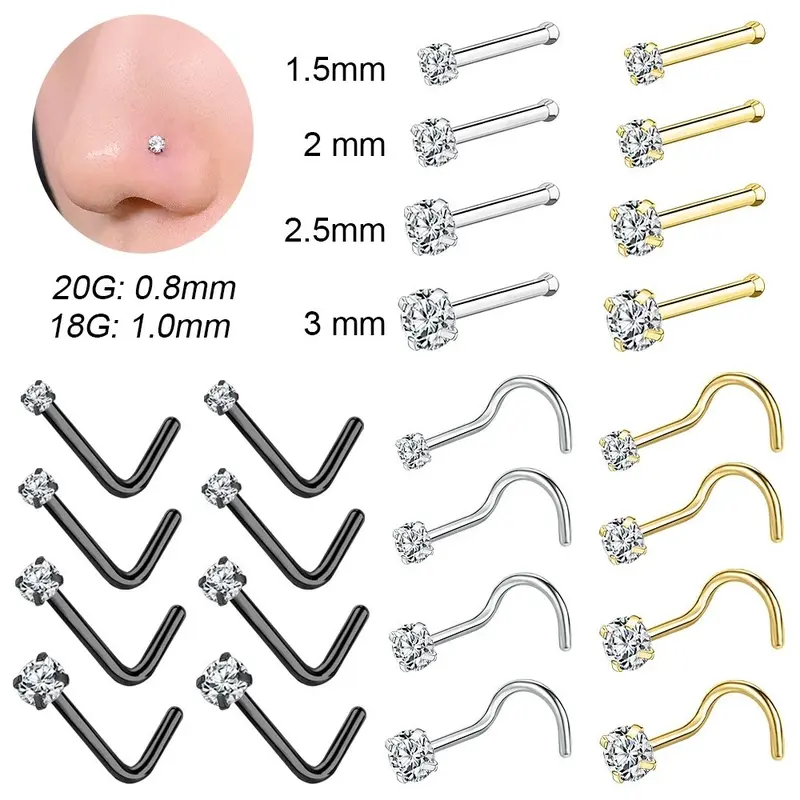 1 PC 18G/20G Stainless Steel Nostril Piercing 1.5/2/2.5/3mm Crystal Nose Piercings L Shape Nose Stud Cubic Zircon Nose Stud 0