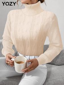 YOZY Women's Plain Cable Knit High Neck Sweater, Casual Long Sleeve Jumper for Fall & Winter, Women's Knitwear for Daily Wear