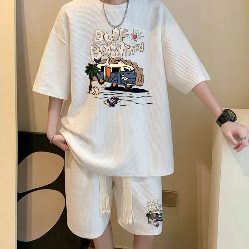 Hong Kong Style Summer New Waffle Short-Sleeved T-shirt Suit Men's Shorts Two-Piece Suit Trendy All-Matching and Handsome Sportswear Clothing Menswear Formal Wear Formal Lingerie Tropical