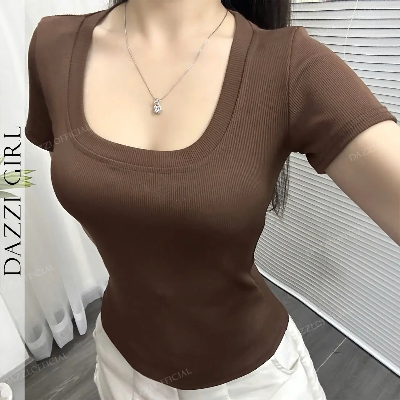 Áo thun trơn nữ cổ vuông vải thun gân tăm DAZZI dáng dài form ôm dáng Women A02 | BigBuy360 - bigbuy360.vn