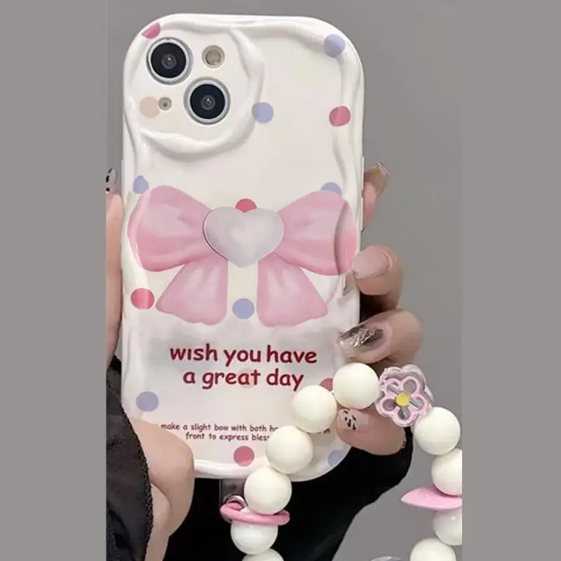 Ốp Iphone mềm hình nơ hồng dễ thương kèm dây đeo viền nổi cạnh sóng iphone 16 16pro 16promax XS 11 12 13 14 15plus xx418 5