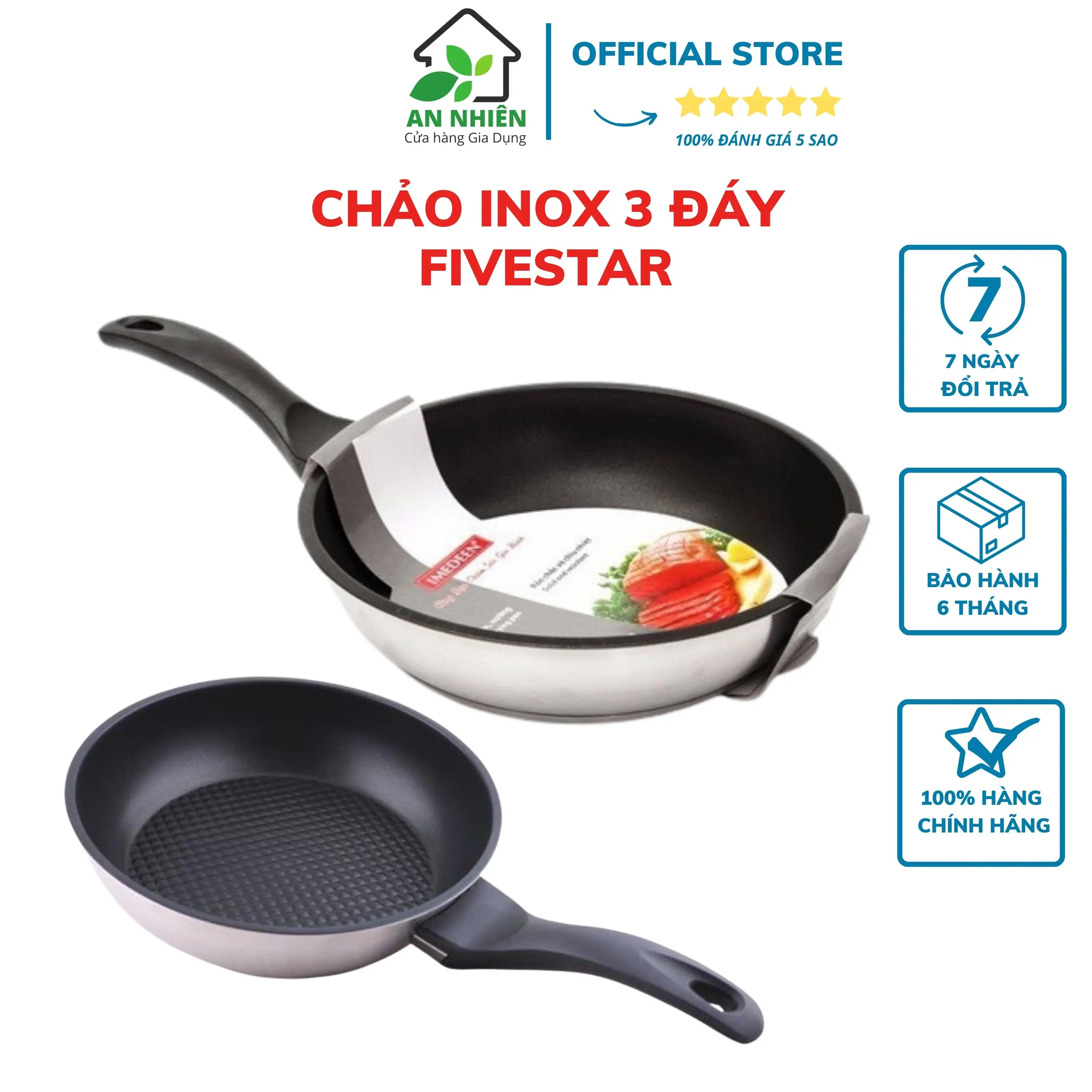 Chảo inox 430 FIVESTAR Standard cao cấp, chống dính, 3 Đáy CD-3Đ | size16,20,22,24,26,28| Nắp kính và Nắp Inox GiadụngAnNhiên
