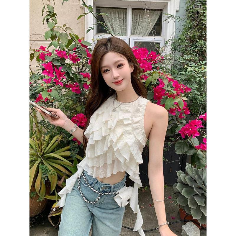 Quần Áo Nữ, Phong Cách Hàn Quốc, Thanh Lịch, Chịu Lực, Xếp Nhún, Hàng Mới Về Mùa Hè, Thiết Kế Chắp Vá, Phong Cách Độc Đáo Bất Đối Xứng Áo Mỏng Không Tay Bánh Ngọt, 2024 2