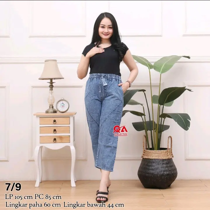 CELANA JEANS 7/9 HARUKA Wanita Tebal Panjang Nyaman gaun tidur Katun Hitam Pendek