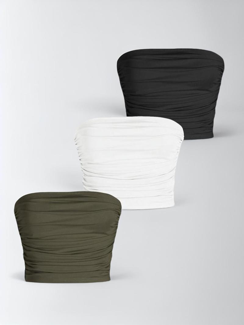 Product Introduction of Women's Solid Ruched Strapless Tube Top, Casual Basic Short Sleeve Top for Daily Wear, Summer Outfits 2024, Ladies Clothes for All Seasons, Summer Tops Y2k 1