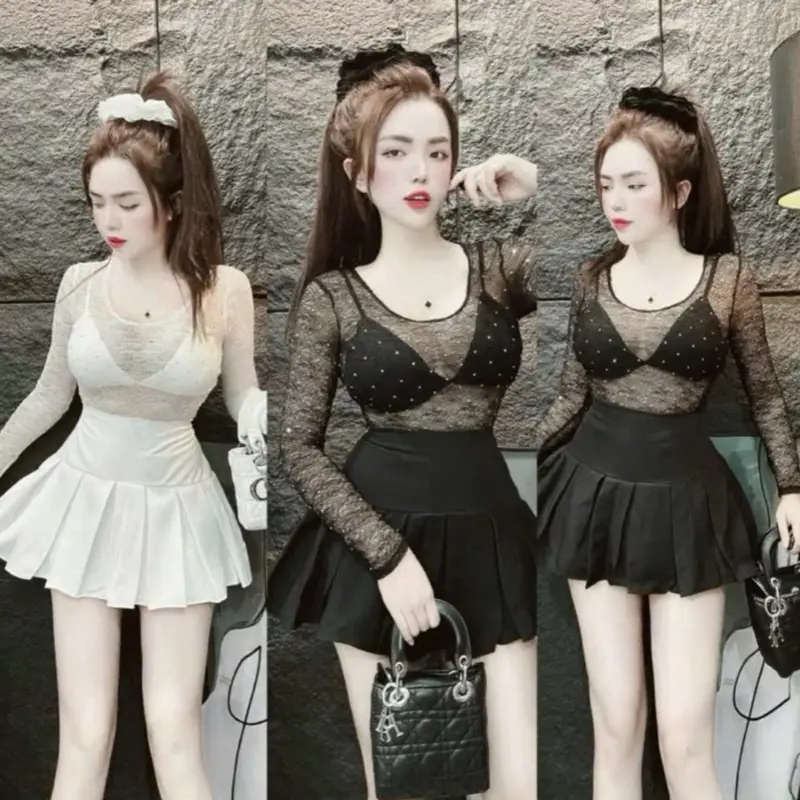 Set váy áo thun lưới mỏng đính đá kèm bra mix chân váy xếp ly  2 màu như hình