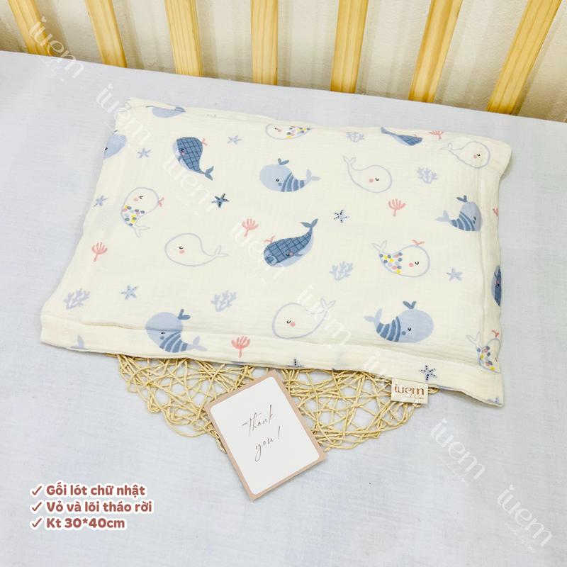iuem Gối chữ nhật vải xô muslin cho bé từ sơ sinh tới 1 tuổi, may vỏ và lõi tháo rời tiện tháo giặt, vỏ gối chất xô muslin thoáng mát, lõi là bông tấm ko bị xô, Gối Ngủ