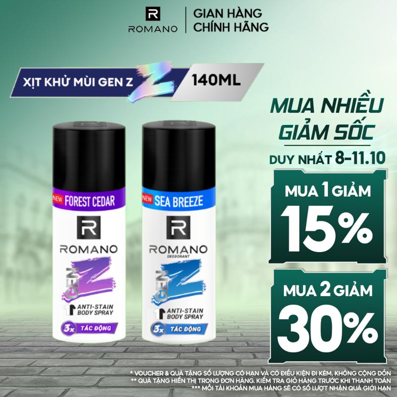 [MUA 2 GIẢM 30%] [MỚI] Xịt Khử Mùi Ngăn Vệt Ố Vàng Dưỡng Thể cho nam Romano Gen Z Sea Breeze/ Forest Cedar 140ml/Chai