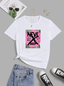 ImprinTee Women's Letter Print Round Neck Graphic Tee, Vintage Trendy Casual Short Sleeve T-shirt for Daily Wear, Ladies Summer Outfit