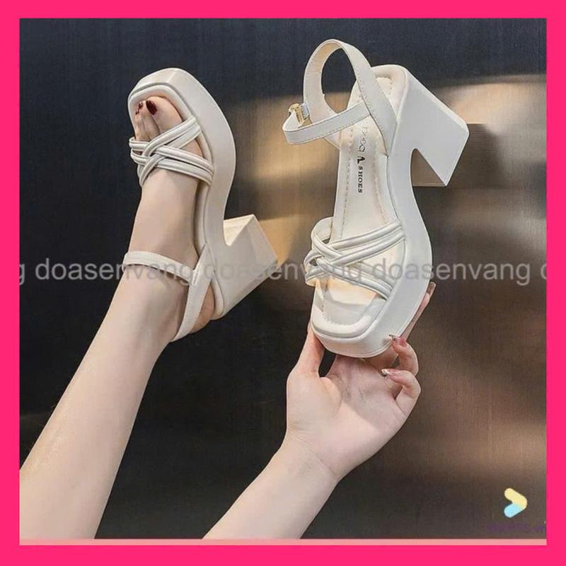 [ HOT GIRL ] Sandal cao gót 7 phân, sandal gót vuông 7 phân đế đúc siêu nhẹ 4 quai xéo