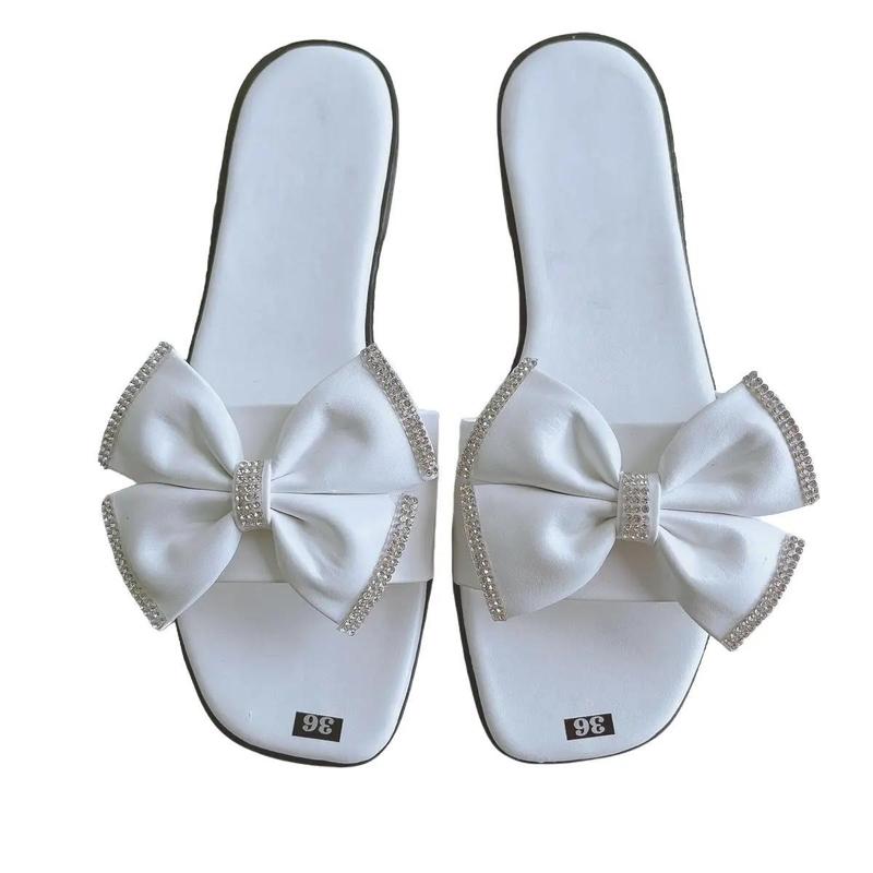 Dép lê nữ bệt thấp gắn nơ đá to cực xinh đi làm chơi biển học DéP Shoes GiàY Sandal Nhung Đế Bằng