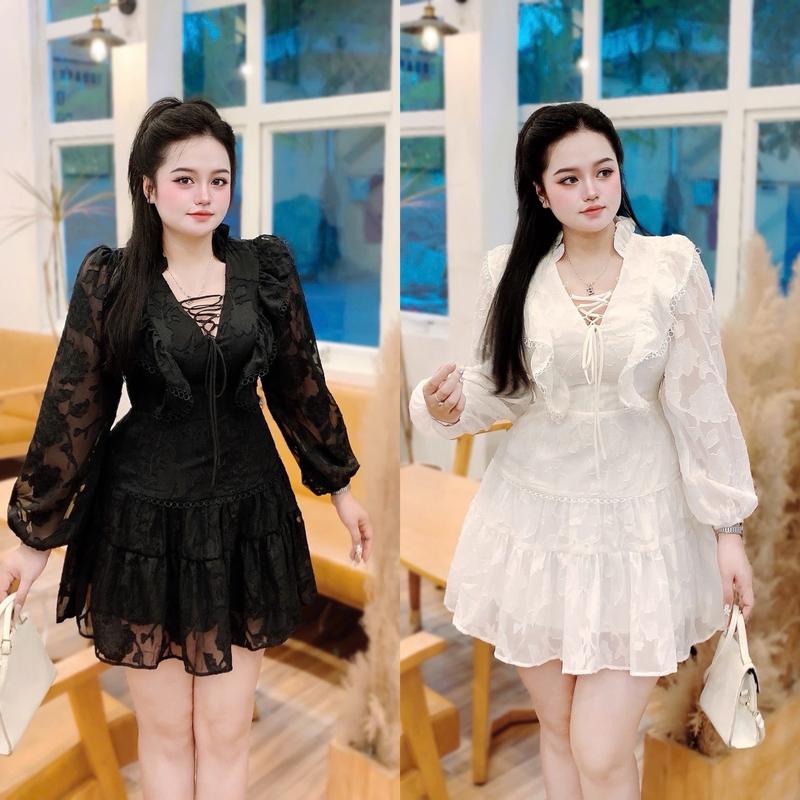 [ANiE Bigsize] Đầm Tơ Nhúng Bèo Đan Dây Thiết Kế Dài Tay Bigsize 60 đến 90ký Chất Vải Tơ Lót Lụa Dáng Ngắn Có màu Đen/ Trắng Để Đi Tiệc Hoặc Đi Chơi