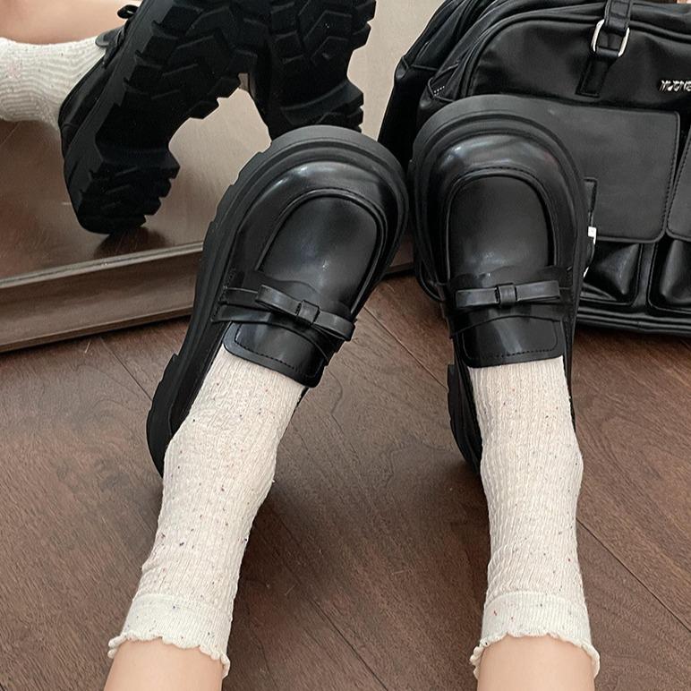 FORM RỘNG Lùi 1 size Giày Đốc Nữ 7p Đính Nơ Trang Trí Cao Gót 7P Mũi Tròn Phong Cách Hàn Quốc - Cao Su Shoes Kim Tuyến Ms 1510