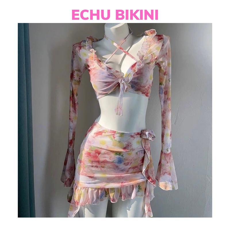 Đồ Bơi 4 Món Hoa Hồng EMMA Đính Hoa Phối Bèo Gồm Áo Bikini + Quần Chip + Áo Bèo + Váy Bèo 0