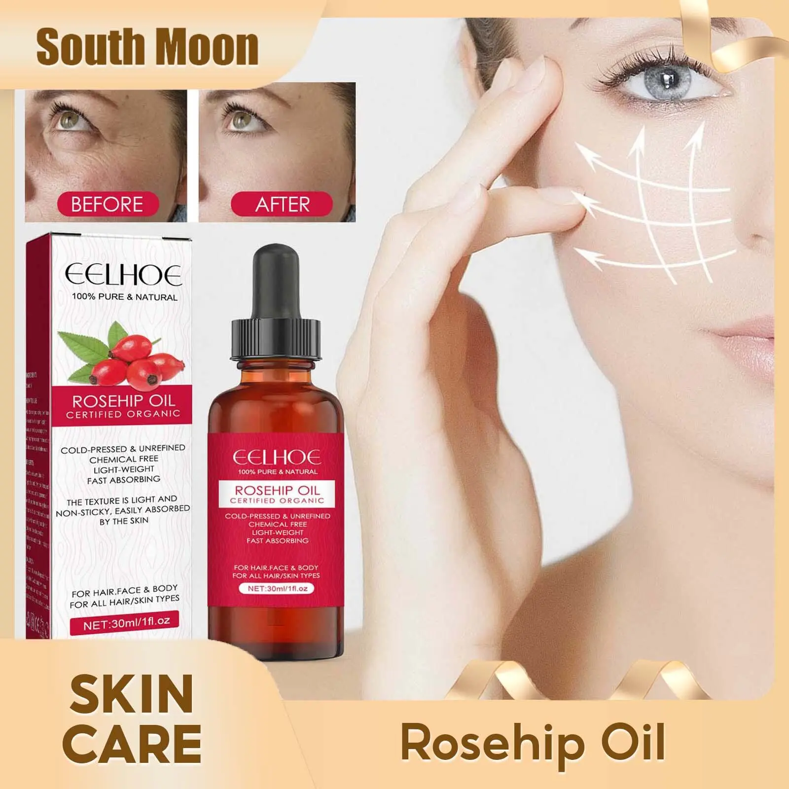 Eelhoe Rosehip Oil For Face & Skin Organic Rosehip Seed Oil For Gua Sha Massage Pure Cold Pressed Rose Hip Oil For Acne Scars For Face Pure Cold Pressed Facial Oil Moisturizing Skin Care Serum For Scars Stretch