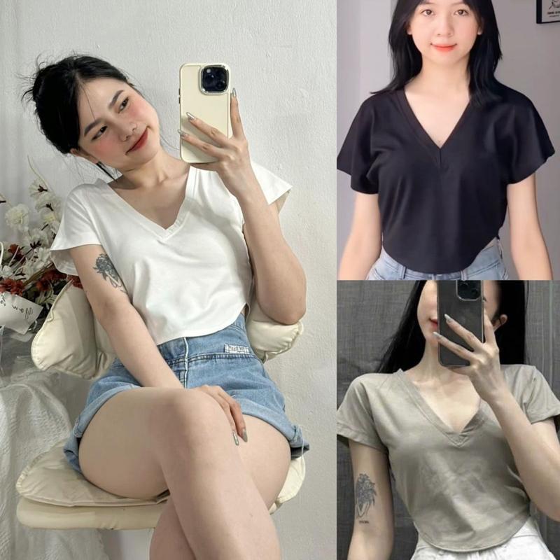 Áo thun nữ cổ tim áo croptop vạt bầu áo phông croptop cổ v chất thun tăm co giãn phong cách trẻ trung A277 SUTANO