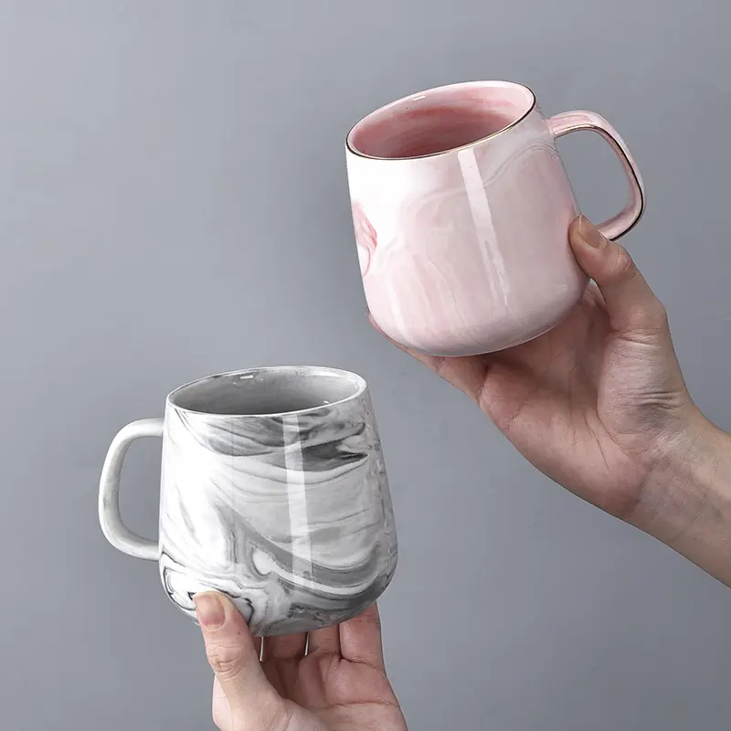 ASHOME Gelas Minum Keramik Motif Marble Abu & Pink List Gold Elegant / Ceramic Mug Marble List Gold Elegant / Gelas Marble List Gold / Gelas Elegan / Gelas Sultan / Gelas Marble Emas