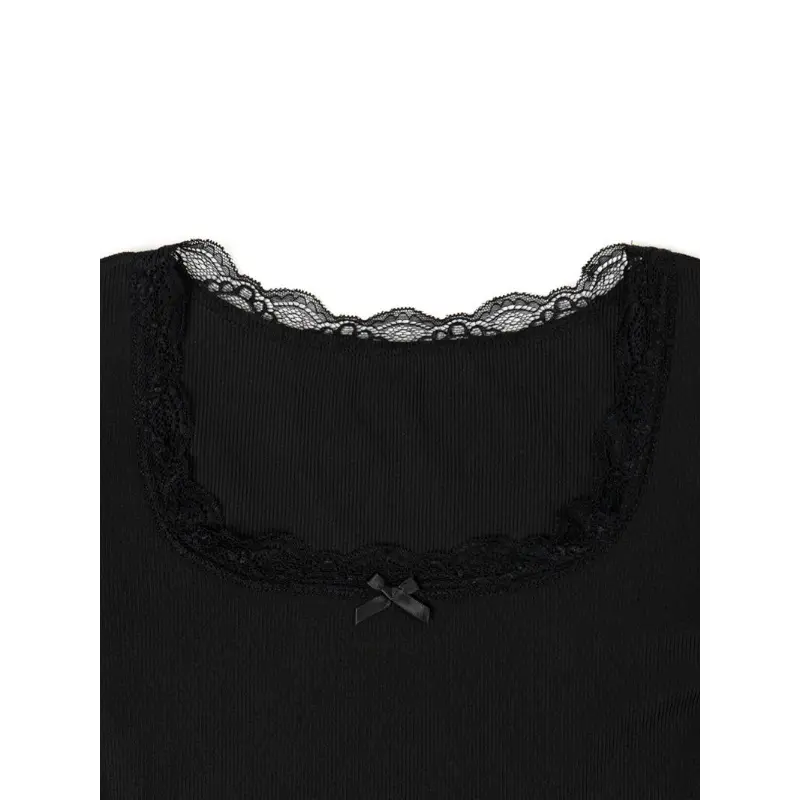 Product Introduction of Women's Plain Lace Trim Ribbed Crop Tee, Casual Short Sleeve T-shirt for Summer, Ladies Clothes for Daily Wear 6