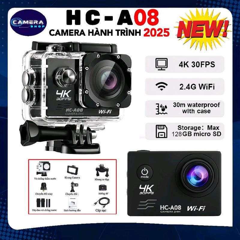 Cam Hành Trình 4K HCA08 HD, Cam Hành Trình Đi Phượt, Cam Hành Trình Gắn Mũ Bảo Hiểm, Gắn Xe Máy, Ô tô, Xe Đạp, Chống Rung, Chống Nước 30M, Góc Quay Rộng 170°, Có tiếng Việt, Kết Nối Wifi Trực Tiếp Với Điện Thoại, Hỗ Trợ Quay Đêm