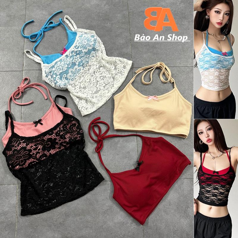 [A23] Sét bộ nữ 2 món áo bra Có Mút lót và áo 2 dây ren xuyên thấu mát mẻ gợi cảm cá tính croptop ôm body Free Size dưới 54kg áo  ngực độn không