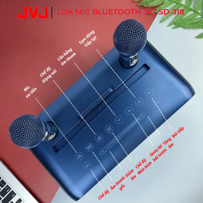 Loa bluetooth karaoke 2 mic SD-318 JVJ Không dây, kèm 2 mic công suất lớn 30W  có ba màu vàng, xanh, ghi dùng để Nghe Nhạc và Hát Karaoke - Bảo hành 6 Tháng 7