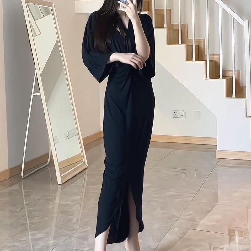 Váy Cổ Chữ V Xoắn, Phong Cách Pháp, Thanh Lịch, Quý Cô Của Ghi Chú, Bó Sát Eo, Tay Cánh Dơi, Dành Cho Phụ Nữ 6