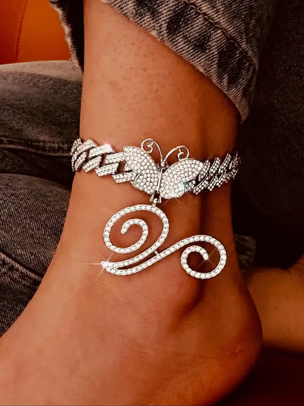 Rhinestone Butterfly & Letter Decor Cuban Link Anklet for Women & Girls, Fashion Charms Jewelry, Trendy All-match & Exquisite Jewelry for Birthday Gift, Girlfriend Gifts 2