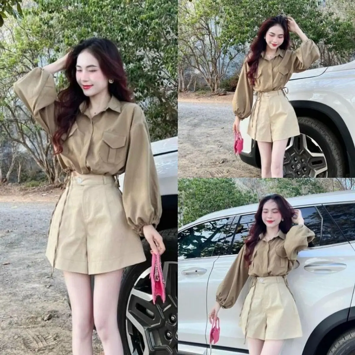Set bộ đồ nữ áo sơ mi tay dài cài nút thật mix quần đùi có túi xinh xắn dành cho các nàng diện đi chơi shop Women