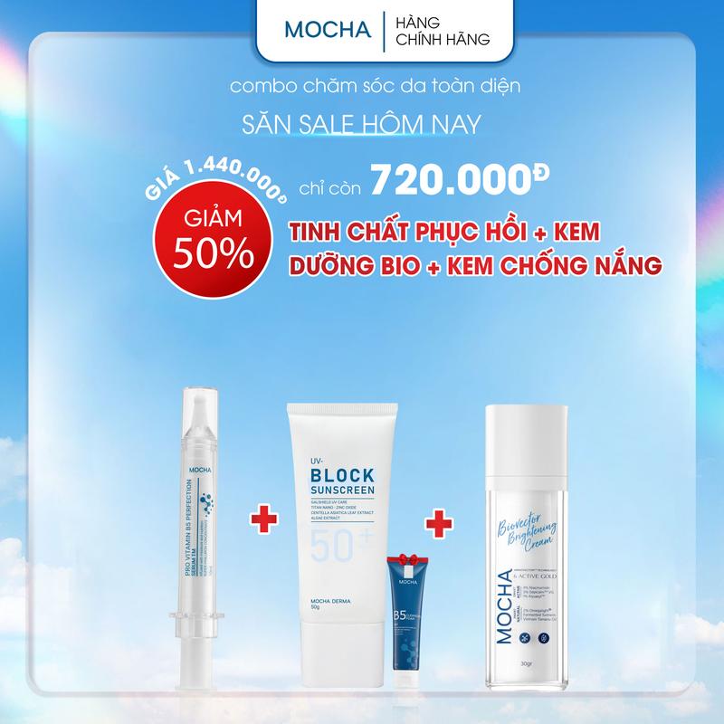  COMBO KEM CHỐNG NẮNG+DƯỠNG BIO+TINH CHẤT Thương Hiệu: Mocha Gồm 4 sản phẩm: 1 kem chống nắng 1 sữa rửa mặt 25ml 1 tinh chất 1 dưỡng bio. 
