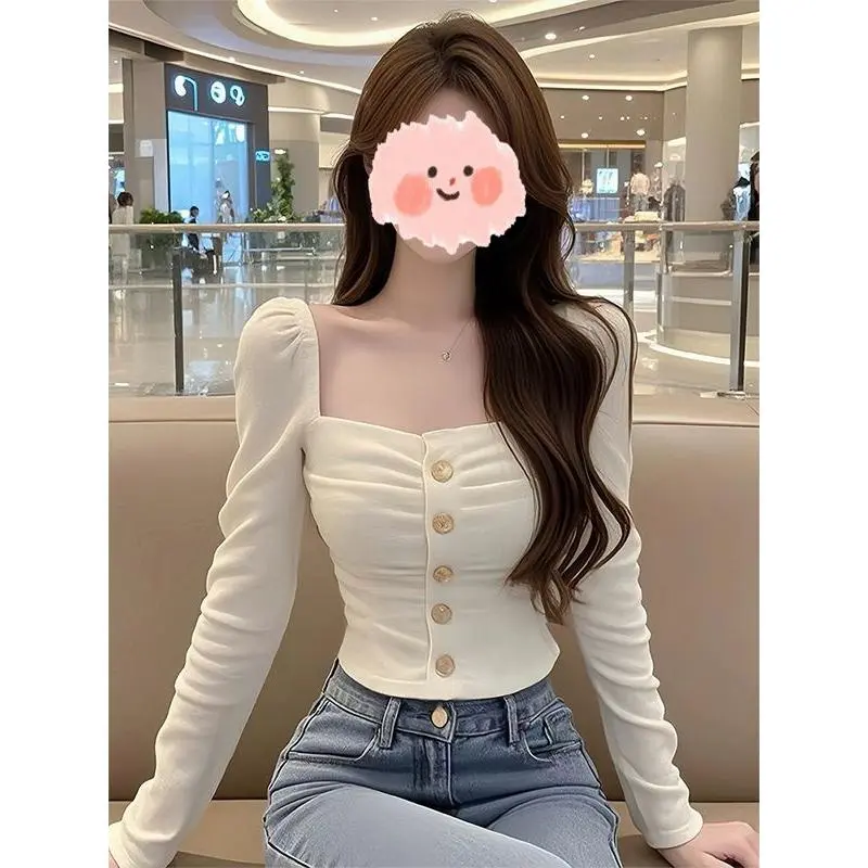 Áo Mặc Trong, Dáng Ôm, Phong Cách Phương Tây, Thiết Kế Sang Trọng Thường Ngày Độc Đáo Cổ Vuông, Thích Hợp Cho Mùa Thu Và Mùa Đông, Áo Thun Dài Tay, Dành Cho Nữ Top Women Cổ Tròn Sơ Mi