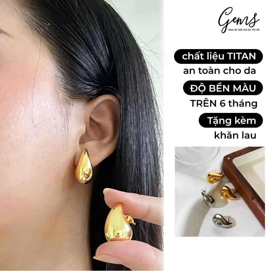 Bông tai giọt nước Titan không gỉ, đeo êm tai, phong cách minimal l TIỆM PHỤ KIỆN GEMS