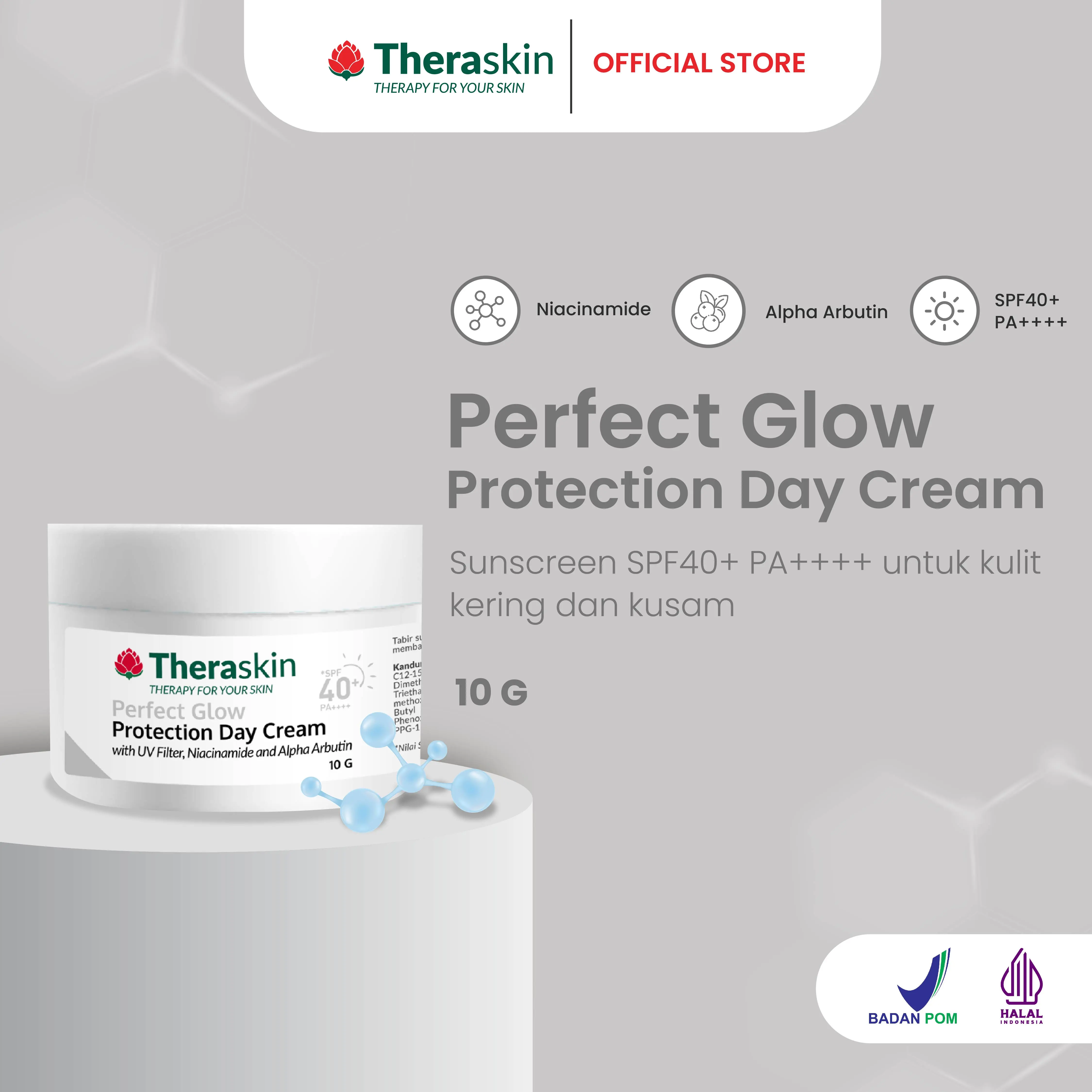 Theraskin BPOM Perfect Glow Protection Day Cream - Sunscreen SPF40+ PA++++ untuk Kulit Kusam dan Noda Bekas Jerawat dengan Niacinamide, Alpha Arbutin, dan Vitamin E