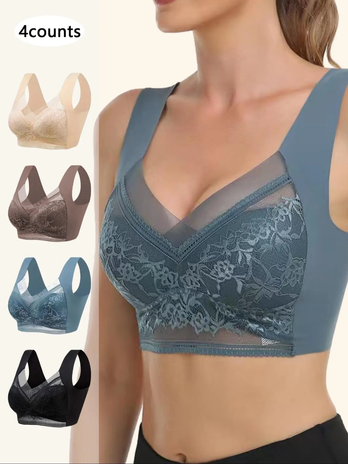 Women's Contrast Floral Lace Wireless Bra, Contrast Mesh Push Up Bra, Soft Comfortable Breathable Lingerie for All Seasons