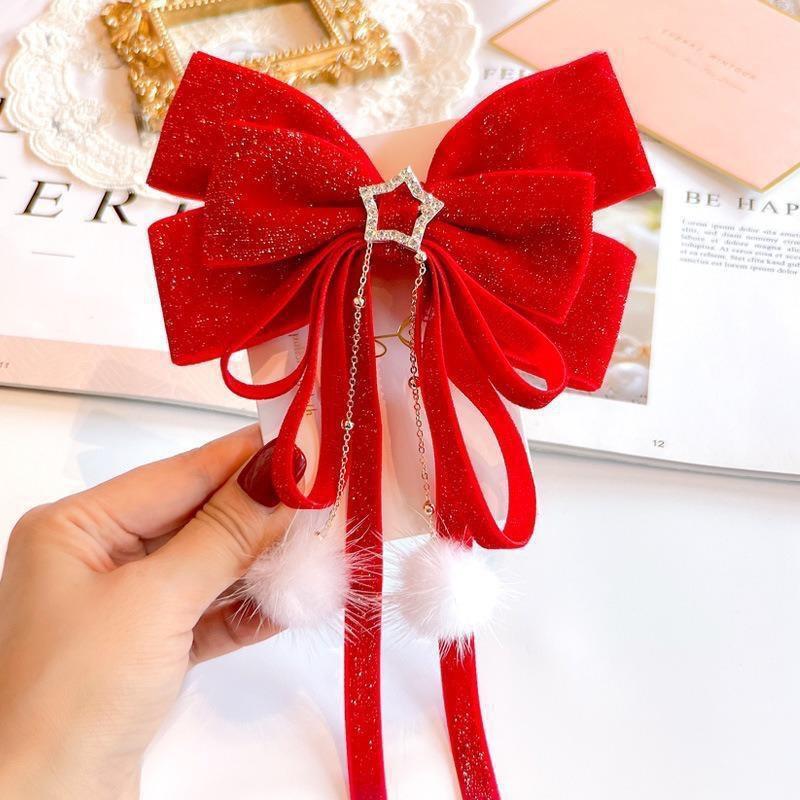 Kẹp tóc nơ nhung đỏ tua rua đính hạt bông tròn kẹp tóc lễ hội Giáng Sinh Chúc Mừng Năm Mới 4